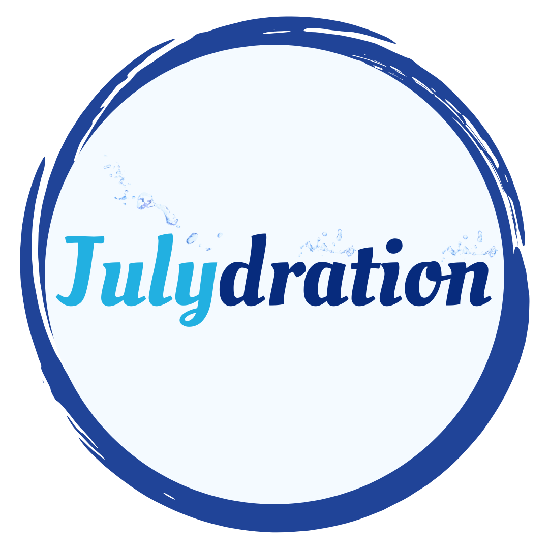Circle with the word Julydration and water droplets