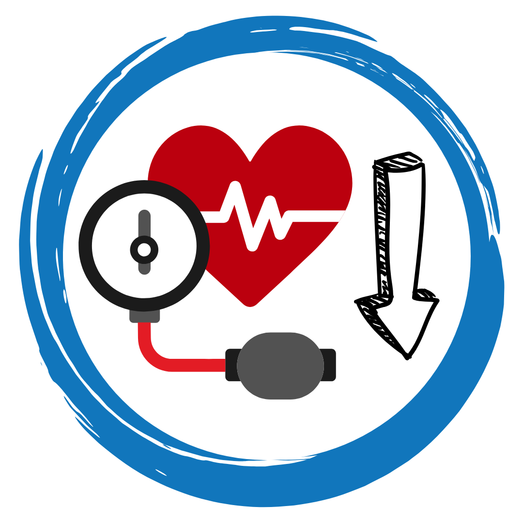 Illustration of a heart and a blood pressure cuff with an arrow pointing downward