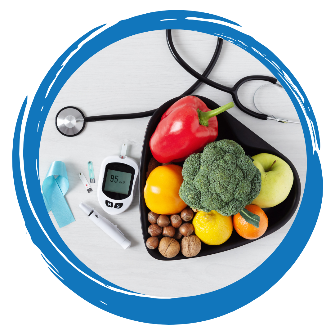 Heart shaped bowl holding fruits and vegetables near a stethoscope and glucose monitor