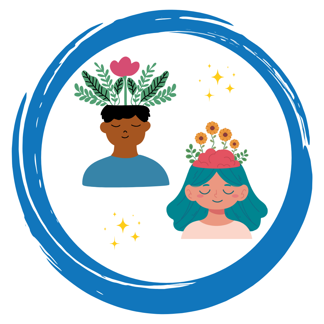 Illustrations of two people with flowers on their heads