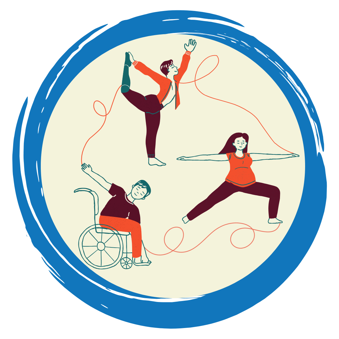 Illustrations of people doing stretching exercises.  One is in a wheelchair