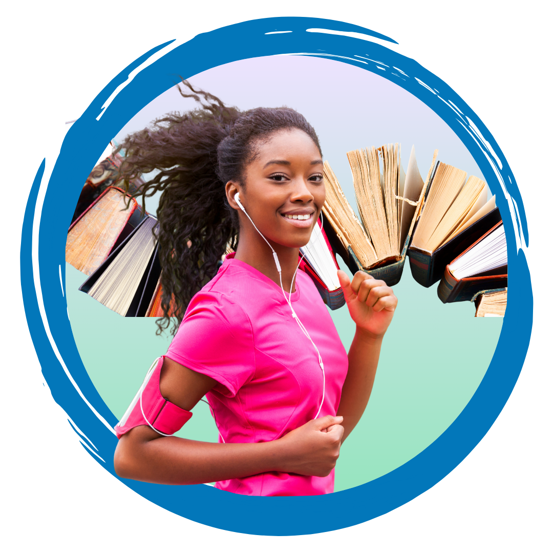 Photo of a person running with books on their shoulder