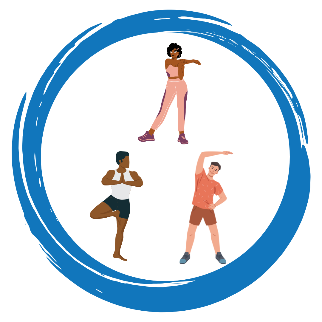 Illustrations of three people doing stretching exercises