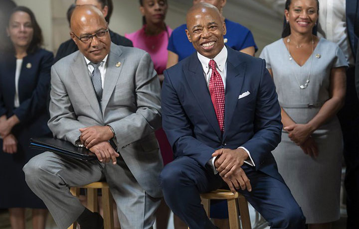 Mayor Eric Adams and Budget Director Jacques Jiha at City Hall press conference
                                           