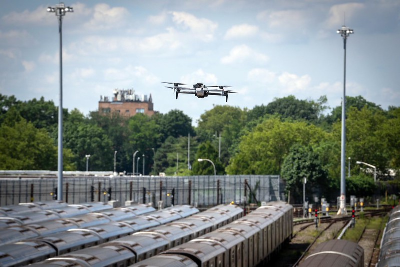 Drone fly over subway train yard