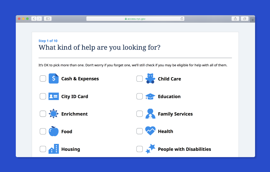 ACCESS NYC eligibility screener with options to select the type of help a New Yorker is looking for.