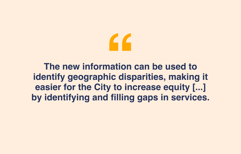 Quote - The Social Service Site location map can be used to identify geographic disparities, making it easier for the City to increase equity by identifying and filling gaps in services.