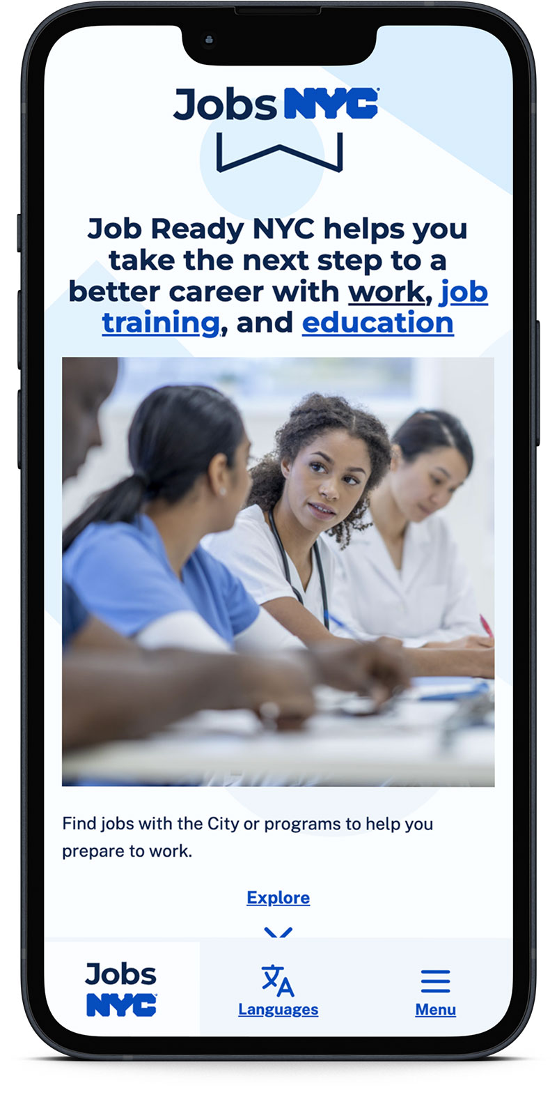 Image of an iPhone with Jobs NYC website loaded,