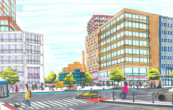 Illustration of building and people walking around it
                                           