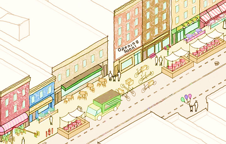 Illustration of the street and storefront 