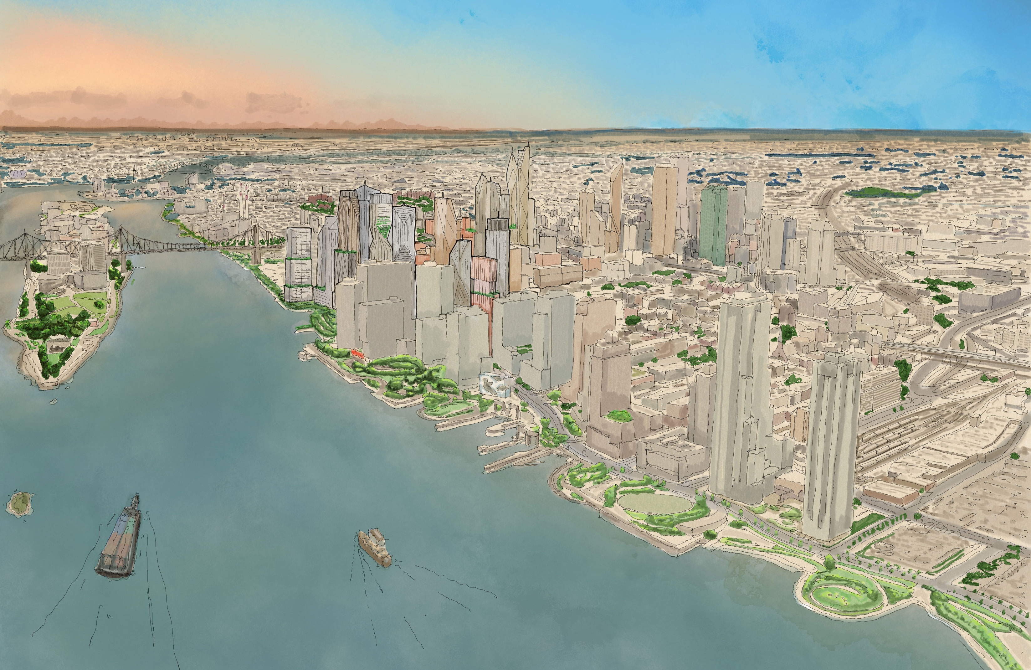 Illustration shows LIC waterfront with more residential buildings and a connected waterfront.