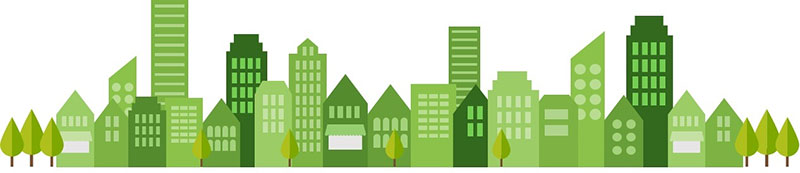 Clip art of different sized homes and buildings in various shades of green.