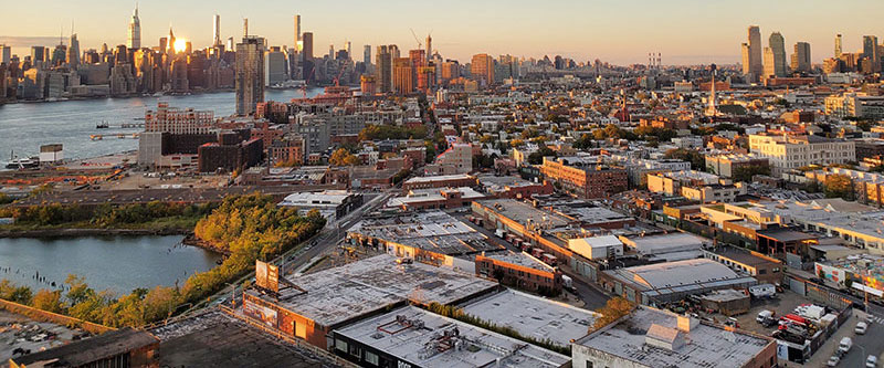 A view of an industrial area of Greenpoint at sunset.