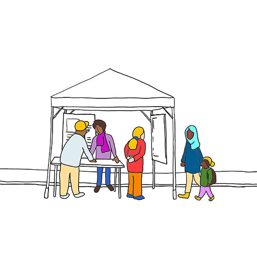 An illustration of people talking with one another at an event.