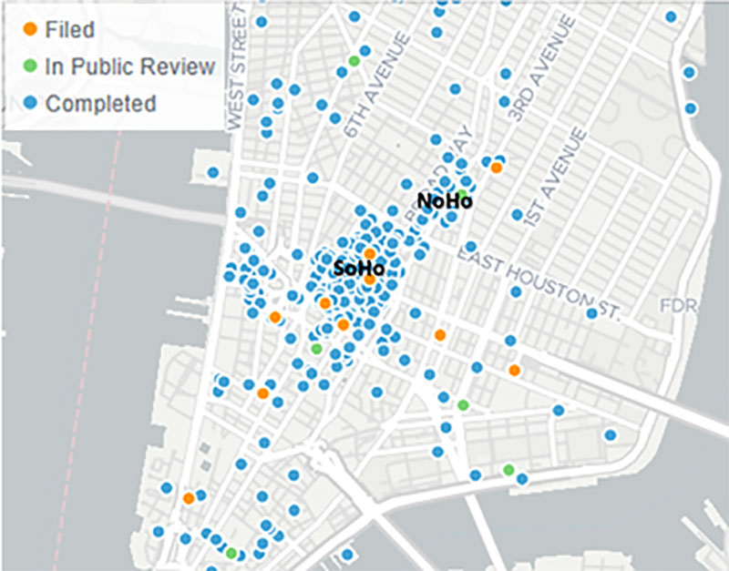 Source: NYC Department of City Planning, Zoning Application Portal (ZAP) Search (Disclaimer: Given limitations on data visualization, multiple special permit applications on the same block and lot may be shown on the map with a single dot at this scale.) 