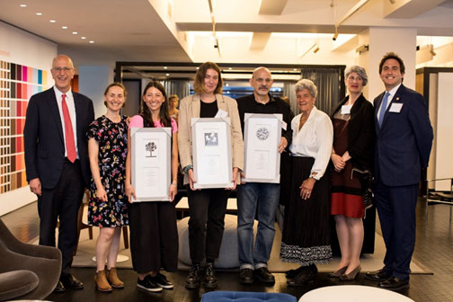 (from left to right) APOPS President Jerold S. Kayden; Andrea Plenter and Jessica Beck from Gensler NYC Brand Design Studio; Emma Reed, designer of the new POPS logo; John Schettino; DCP Director Marisa Lago; MAS President Elizabeth Goldstein; and Council Member Ben Kallos