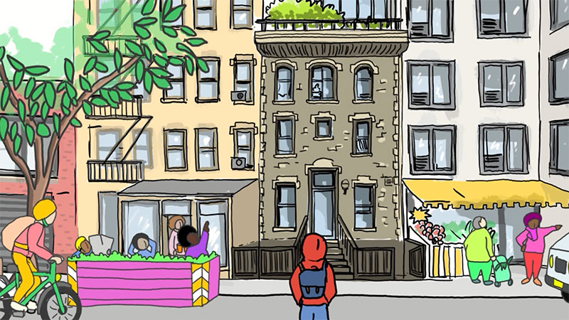 Graphic of buildings and people on the street