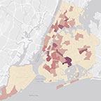 Map of New York City with colored shading on neighborhoods