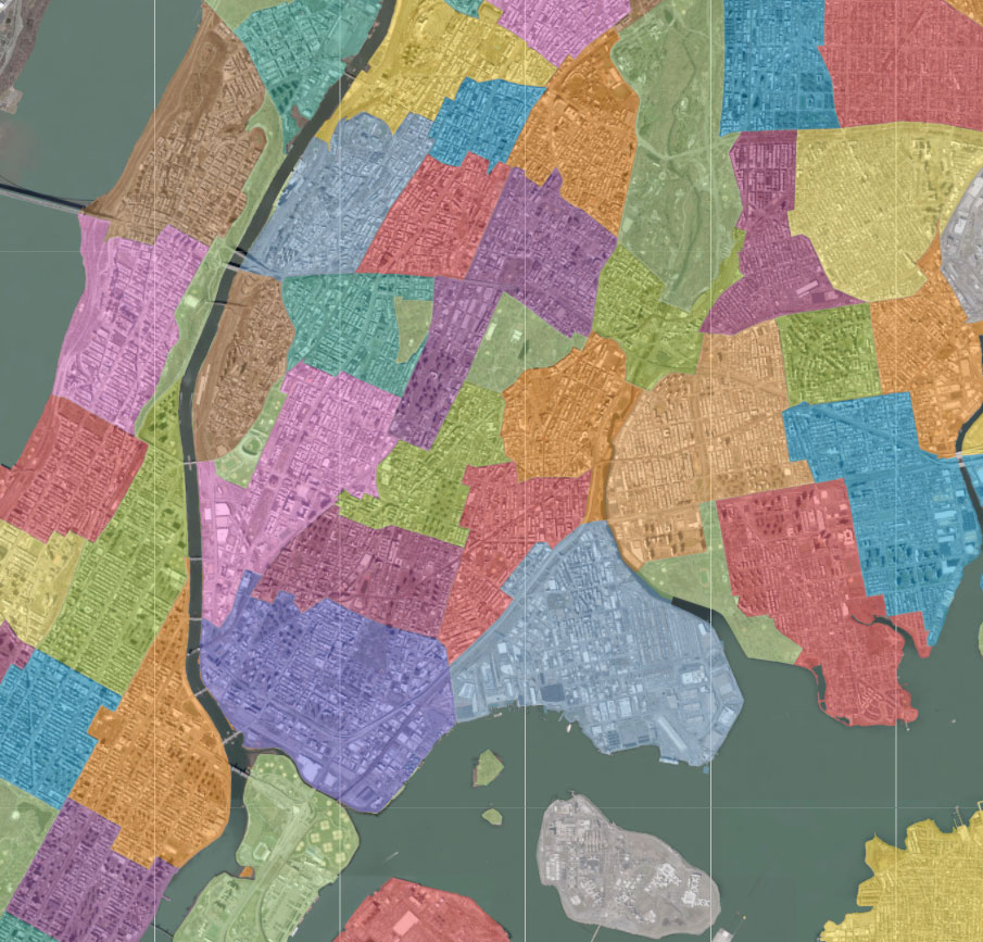 Map of New York City with neighborhoods highlighted in different colors