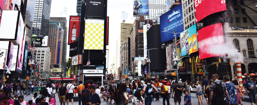 Crowds and signage at Times Square