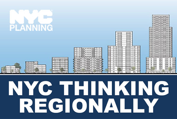 Drawing of different types of buildings. Text reads "NYC Thinking Regionally"