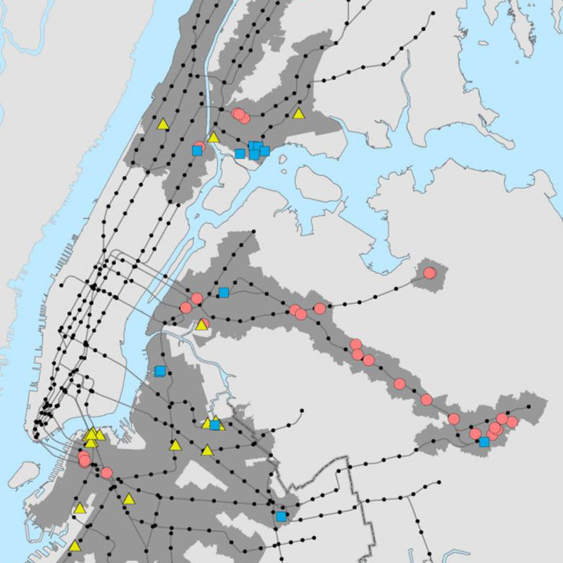 Map of New York City with color-coded symbols.