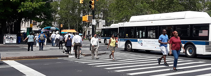 Crowd of people crossing a crosswalk as a bus passes