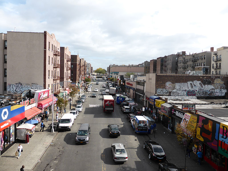 Bird’s eye view of a two-way commercial street