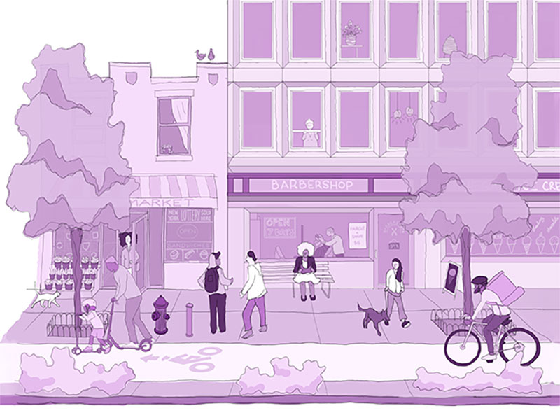 Illustration of people riding bicylcles, scooters and walking alsog storefronts