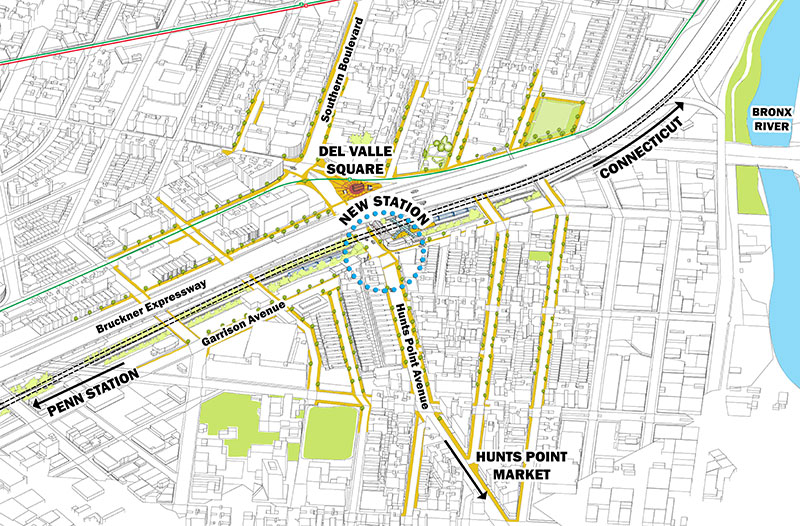 IIllustrated map of Hunts Point with points of interest