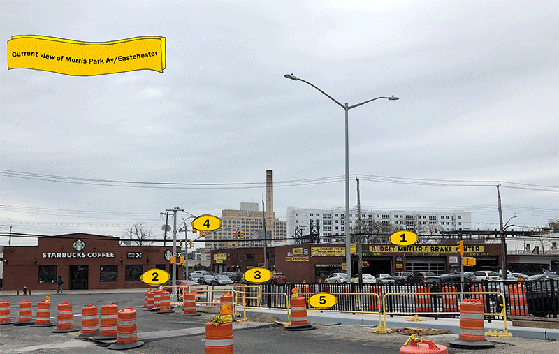 Intersection with a Starbucks and auto shop.  Text reads “Current view of Morris Park Av/Eastchester”