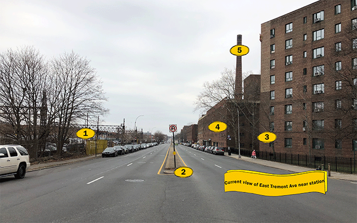 Roadway with parked cars and residential  buildings. Text reads “Current view of East Tremont Ave near station”