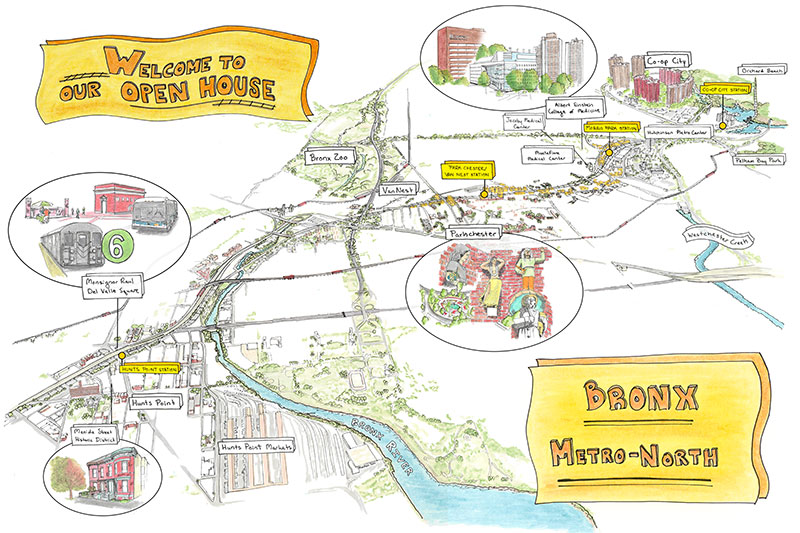 Illustrated map showing Co-op City, Morris Park, Parkchester Van/Nest and Hunts Point. Text reads “Welcome to our open house. Bronx Metro-North.”