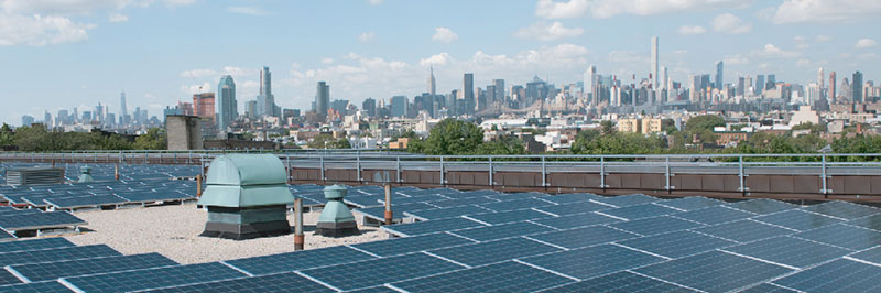 City skyline from a rooftop building
