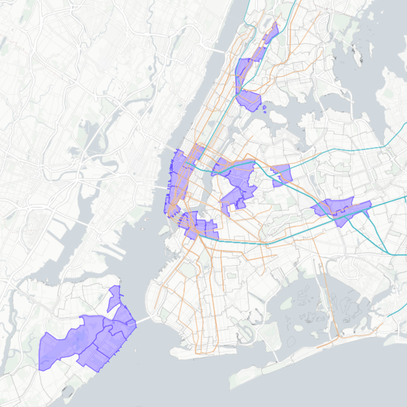 Shaded: each NYC borough’s top 5 most transit-accessible neighborhoods. 