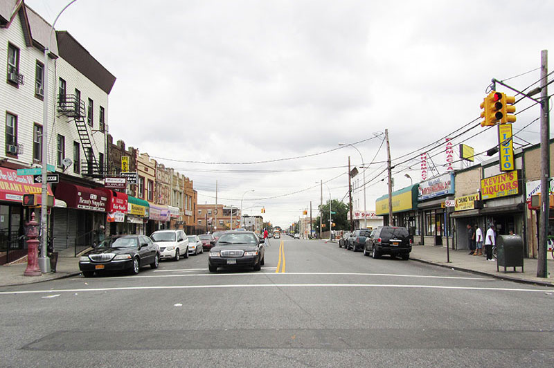 Low-density commercial and residential uses are found on Pitkin Avenue, where the A/C line runs below ground.