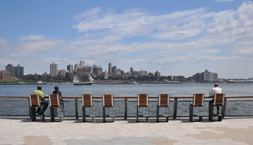 Bar stools looking towards East River and Brooklyn 