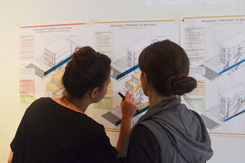 Participants at a workshop in Red Hook  discussing the different options for resilient zoning strategies 