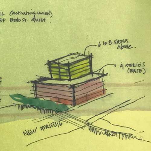 Sketch of a building with labels