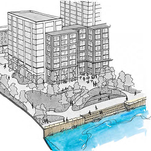 Aerial sketch of buildings and open space on the waterfront