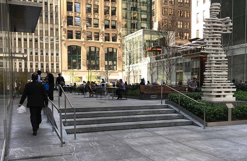 A successful change in elevation that maintains visual and physical access into the plaza