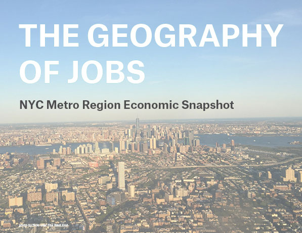 Cover of The Geography of Jobs report, aerial image of Jersey City looking towards Manhattan