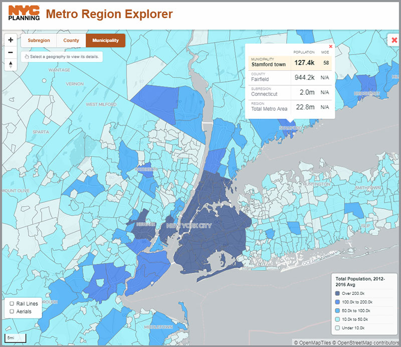 Screenshot of NYC Metro Region Explorer interactive map and data platform, highlighting total population for municipalities in the tri-state region