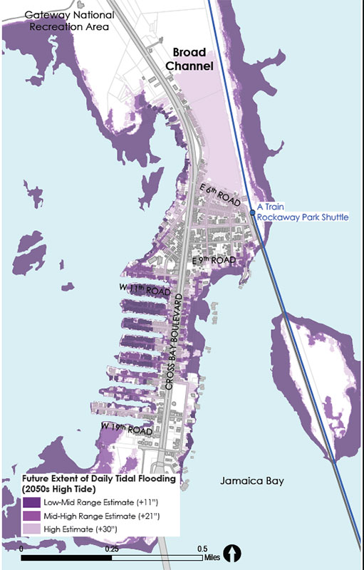 Broad Channel: extent of future daily tidal flooding based on sea level rise projections for 2050
