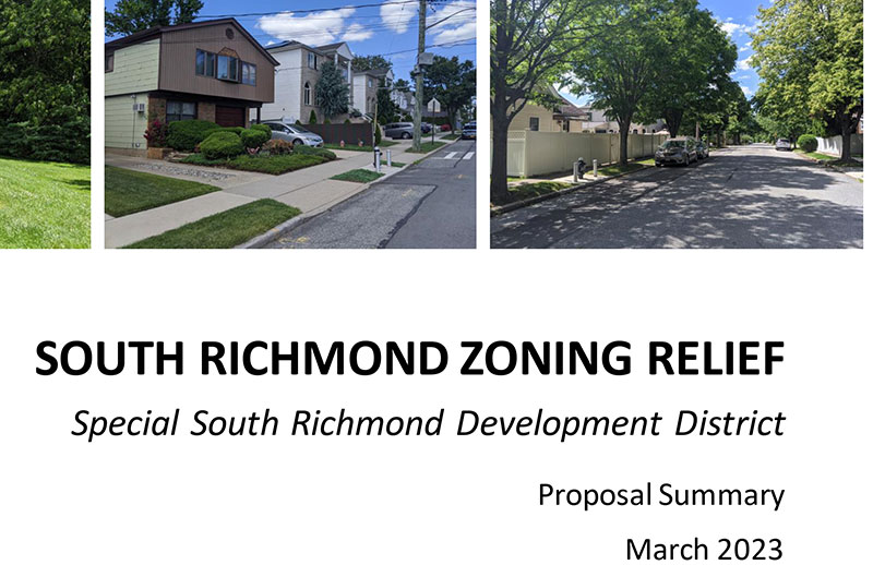 Collage of homes with text that reads - South Richmond Zoning Relief - Special South Richmond Development District (March 2023)