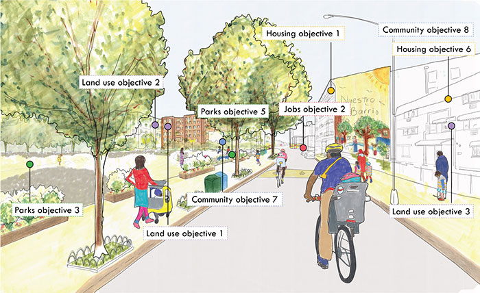 Illustration of people walking or bicycling along a park path