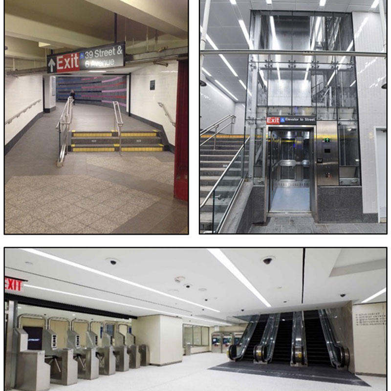 A subway station ramp, a station elevator, and station escalators