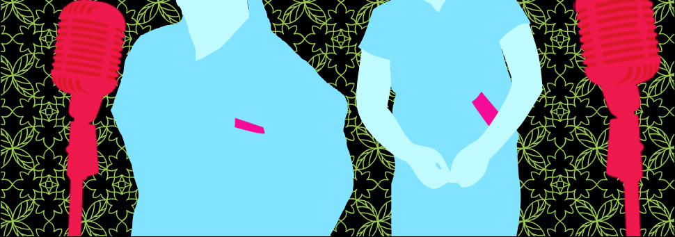 person standing near microphone in front of abstract floral pattern background
