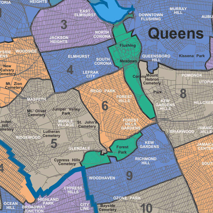 Map of community boards in Queens with focus on CB 6 and its surrounding districts