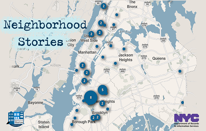 Neighborhood Stories ArcGIS map of New York City displaying 50 pins representing oral histories gathered across the city. The Neighborhood Stories and NYC Department of Records and Information Services' logos appear in the lower corners.
                                           